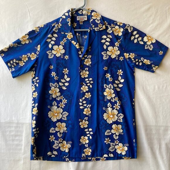Vtg Pacific Legend Classic Hibiscus Aloha Hawaiian Shirt Navy Blue Size M Mens - Picture 1 of 14